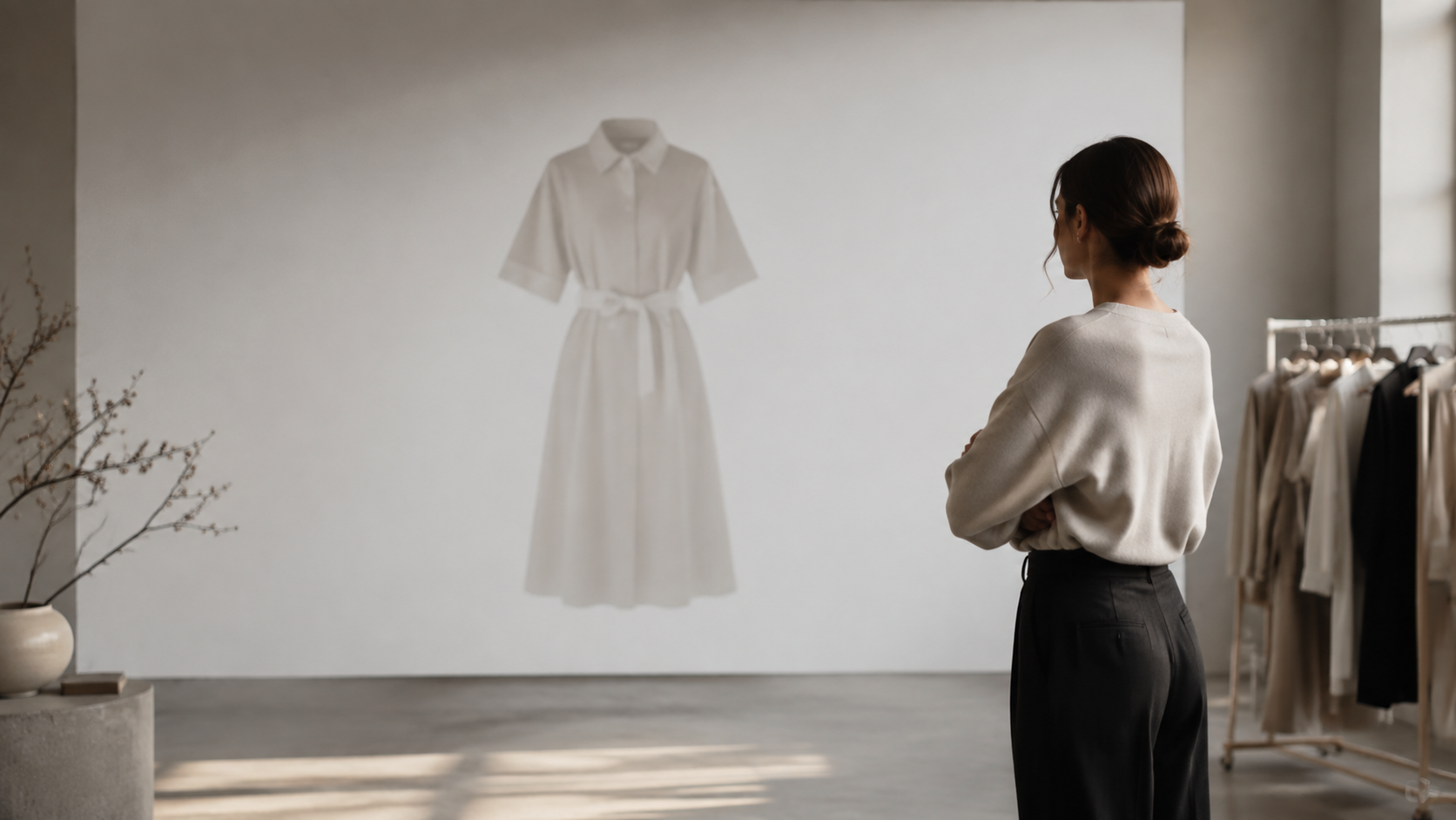 A person viewing a dress silhouette in a calm fashion studio