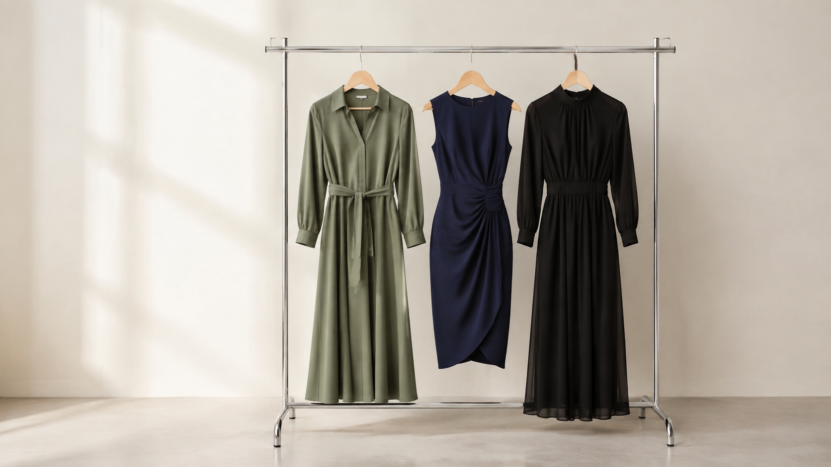 Three modest dress silhouettes displayed on a clothing rack